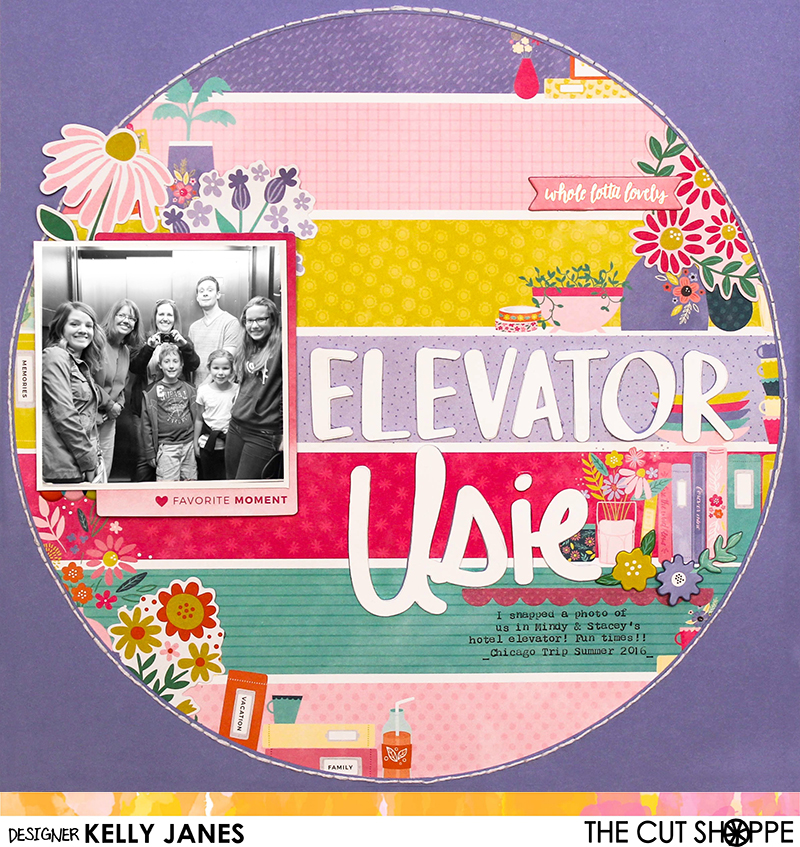 12x12 Scrapbook Layout using The Cut Shoppe Brush Up Alpha Cut File and Selfies & Usies Cut File. Pink Paislee Paige Evans Oh My Heart Patterned Paper #21