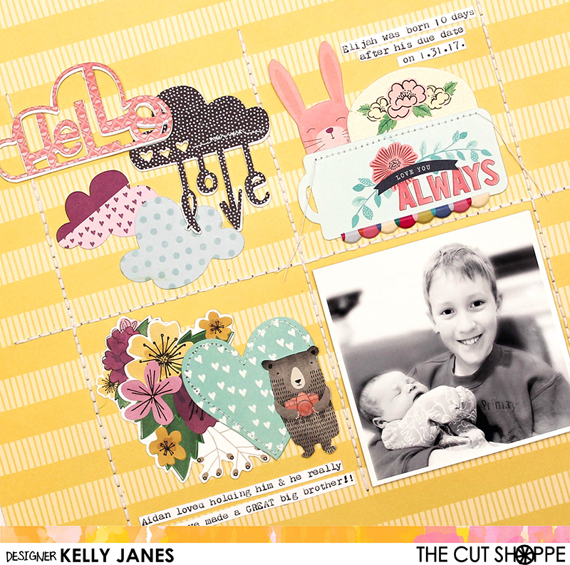 12x12 Design Team scrapbook layout for The Cut Shoppe using the April Showers Cut File & Shimelle Little By Little Collection