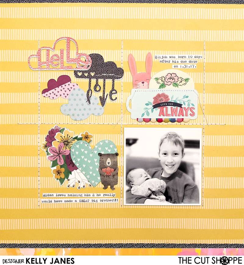 12x12 Design Team scrapbook layout for The Cut Shoppe using the April Showers Cut File & Shimelle Little By Little Collection