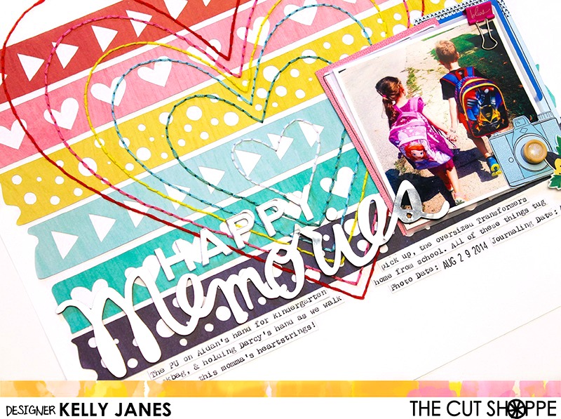 12x12 Design Team layout for The Cut Shoppe using the Washi Love & Follow Your Heart Cut Files, American Crafts Shimelle Little By Little Collection, Pink Paislee C'est La Vie mirror word, elements from Heidi Swapp and a lot of hand stitching