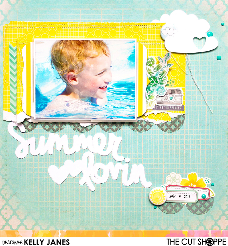 12x12 Design Team Scrapbook Layout for The Cut Shoppe using the Happy Little Clouds Cut File & Let's Do Summer Cut File. Products Used: Heidi Swapp-Serendipity. Pretty Little Studio Here Comes the Sun flair, Amy Tangerine Yes, Please Collection.