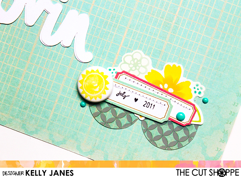 12x12 Design Team Scrapbook Layout for The Cut Shoppe using the Happy Little Clouds Cut File & Let's Do Summer Cut File. Products Used: Heidi Swapp-Serendipity. Pretty Little Studio Here Comes the Sun flair, Amy Tangerine Yes, Please Collection.