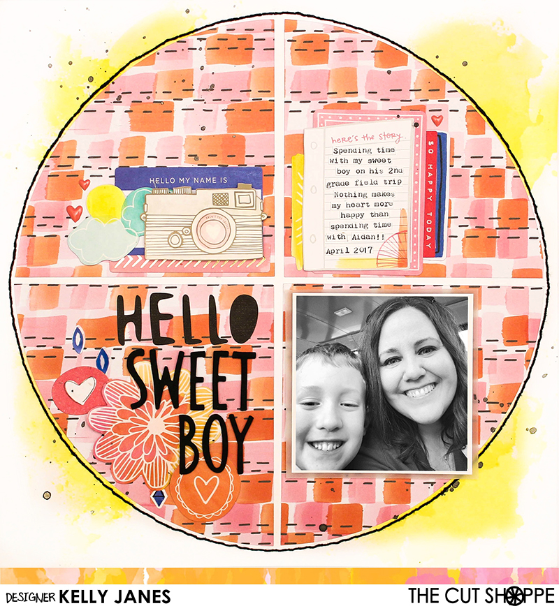 12x12 Design Team scrapbook layout for The Cut Shoppe. Mixed media from Shimmerz Paints, Amy Tangerine patterned papers and die cuts. 