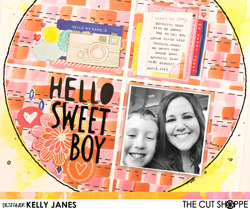 12x12 Design Team scrapbook layout for The Cut Shoppe. Mixed media from Shimmerz Paints, Amy Tangerine patterned papers and die cuts. 
