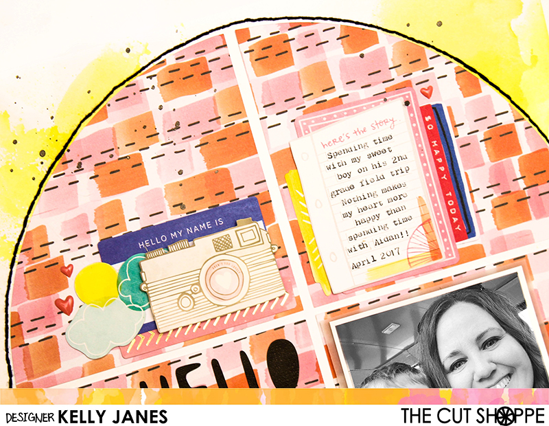 12x12 Design Team scrapbook layout for The Cut Shoppe. Mixed media from Shimmerz Paints, Amy Tangerine patterned papers and die cuts. 