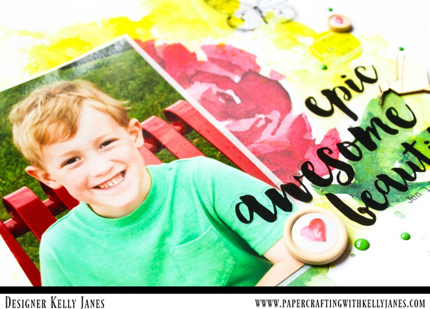 12x12 Scrapbook layout using the Altenew Reflection Scrapbook Kit, Shimmerz Paints No Yoking Coloringz, and Freckled Fawn enamel dots.