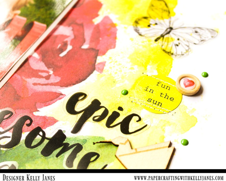 12x12 Scrapbook layout using the Altenew Reflection Scrapbook Kit, Shimmerz Paints No Yoking Coloringz, and Freckled Fawn enamel dots.