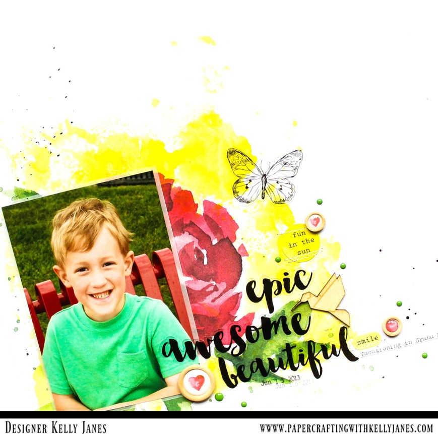 12x12 Scrapbook layout using the Altenew Reflection Scrapbook Kit, Shimmerz Paints No Yoking Coloringz, and Freckled Fawn enamel dots.