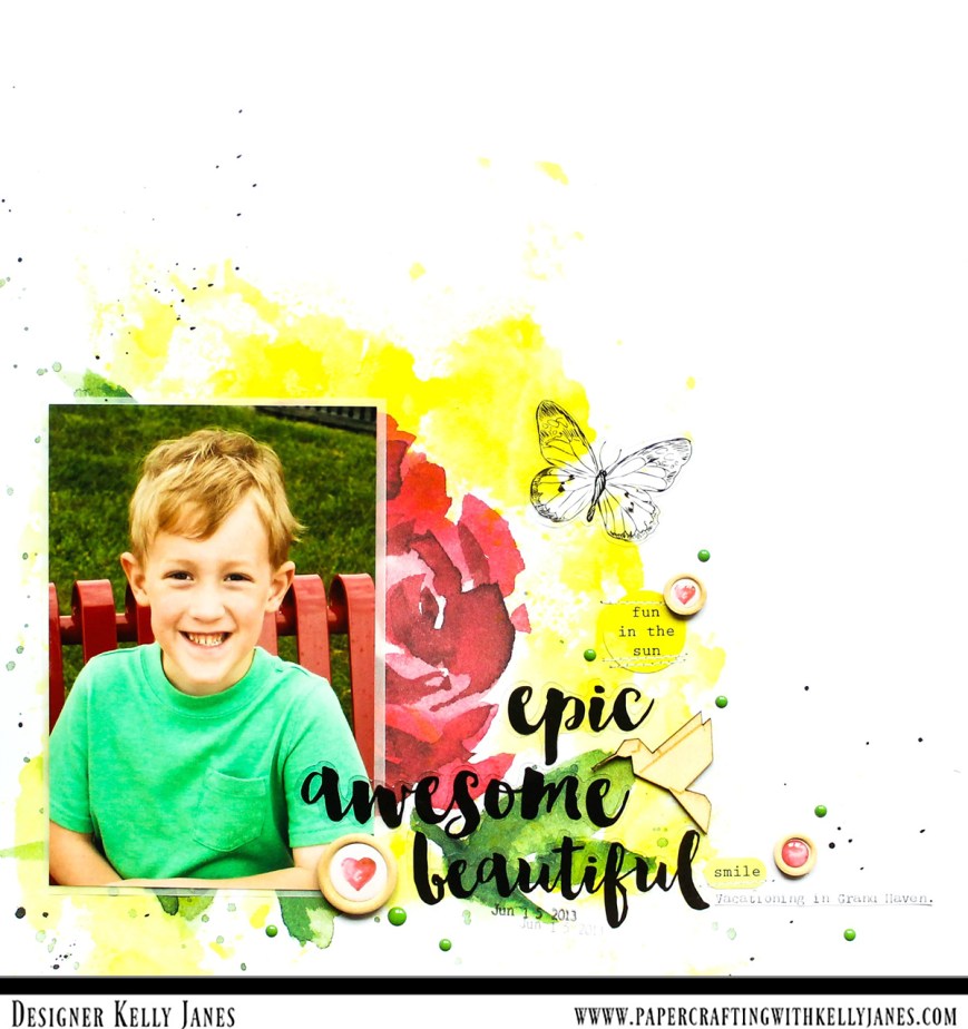 12x12 Scrapbook layout using the Altenew Reflection Scrapbook Kit, Shimmerz Paints No Yoking Coloringz, and Freckled Fawn enamel dots.