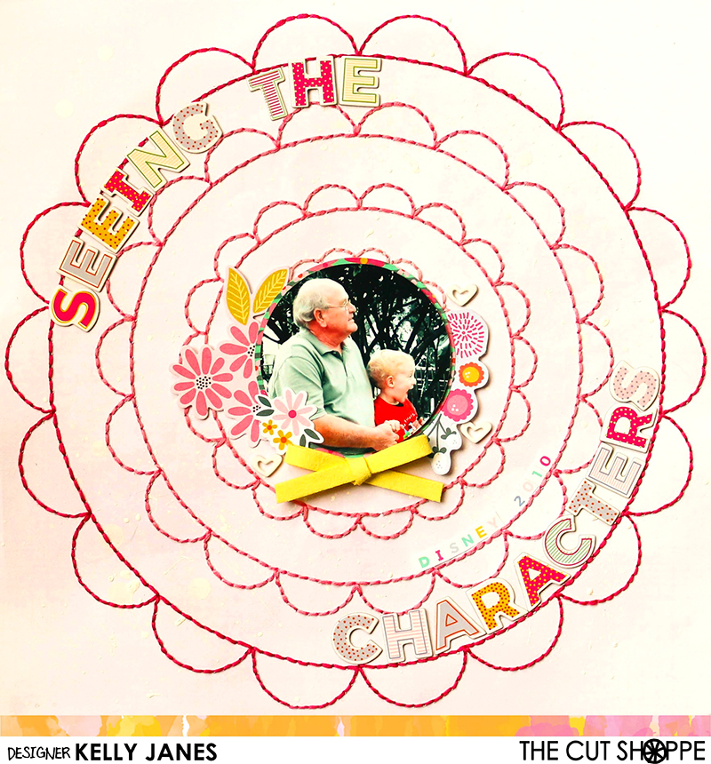 12x12 Cut Shoppe Design Team layout using the Spiral Scallop Cut File as a guide for the hand stitching. Maggie Holmes Bloom patterned paper and Pink Paislee-Paige Evans Oh My Heart & Take Me Away Collections.