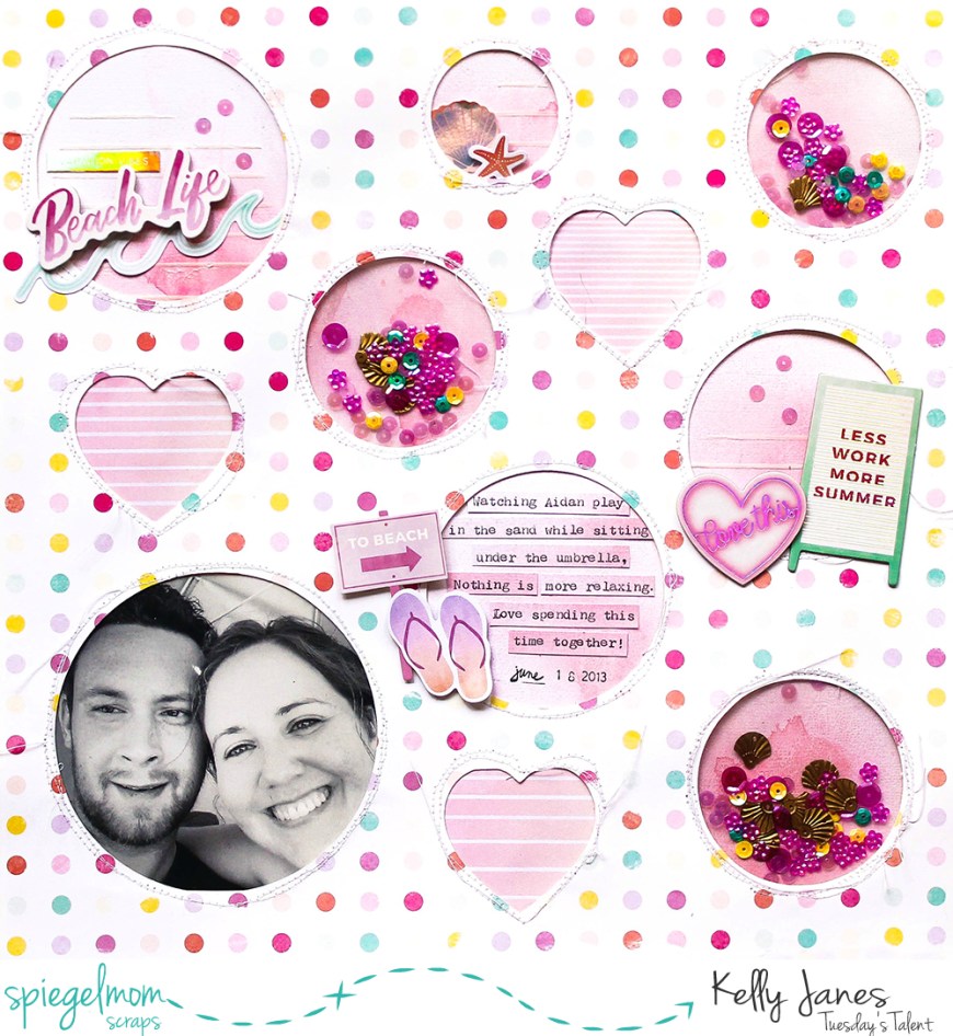 12x12 shaker pocket scrapbook layout using the Pink Paislee Summer Lights Collection & Spiegelmom Scraps Sequins.