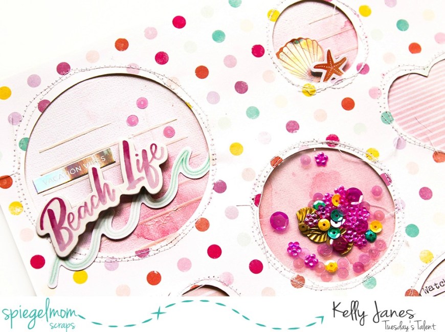 12x12 shaker pocket scrapbook layout using the Pink Paislee Summer Lights Collection & Spiegelmom Scraps Sequins.