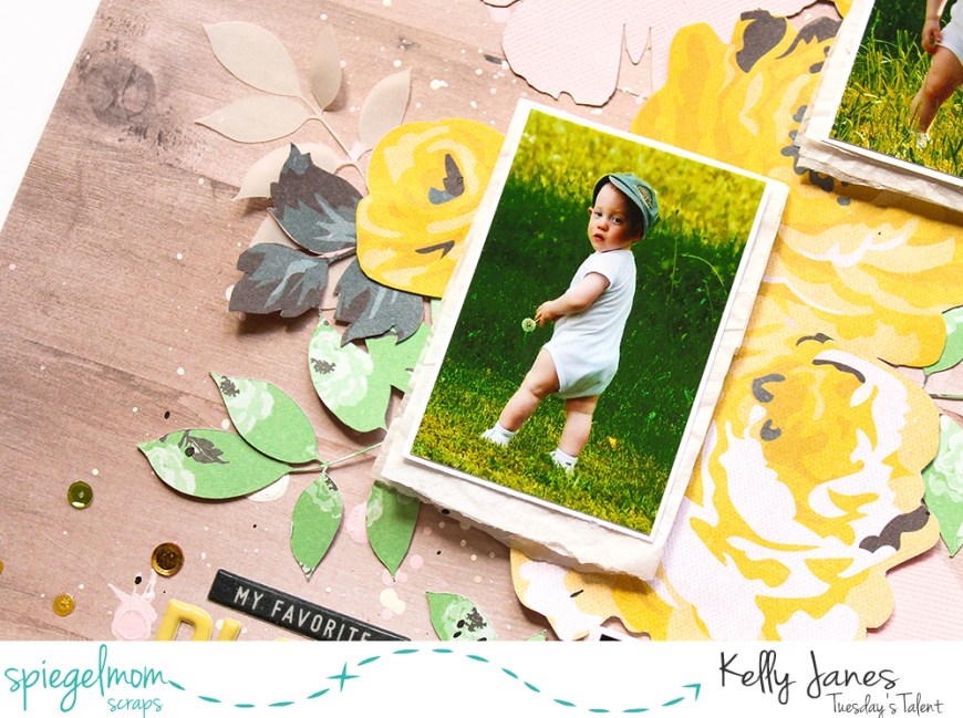 12x12 scrapbook layout using the Crate Paper Maggie Holmes Bloom Collection + the Sunflower Fields Sequin Mix from Spiegelmom Scraps.