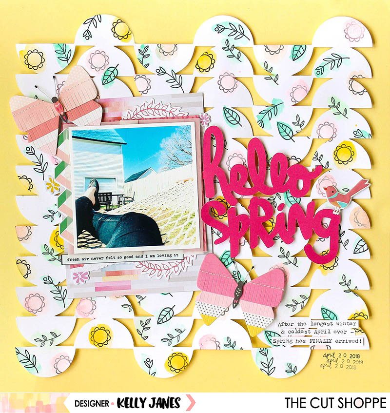 12x12 scrapbook layout for The Cut Shoppe Design team using the Up & Down Background Cut File & the Spring Fever Cut File, Maggie Holmes Butterflies, and lots of Pinkfresh Studio product.