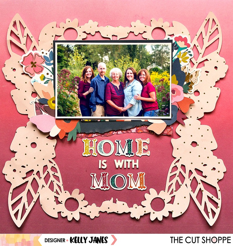 12x12 scrapbook layout for The Cut Shoppe using the Wreathed in Love Cut File & the Pink Paislee Paige Evans Pick Me Up Collection.