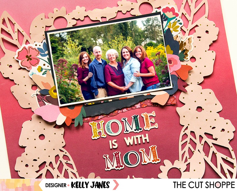 12x12 scrapbook layout for The Cut Shoppe using the Wreathed in Love Cut File & the Pink Paislee Paige Evans Pick Me Up Collection.