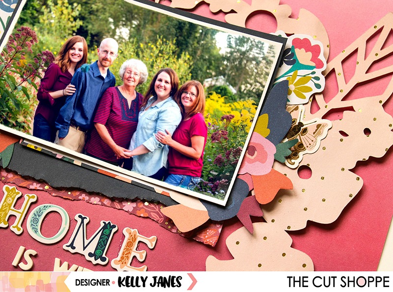 12x12 scrapbook layout for The Cut Shoppe using the Wreathed in Love Cut File & the Pink Paislee Paige Evans Pick Me Up Collection.