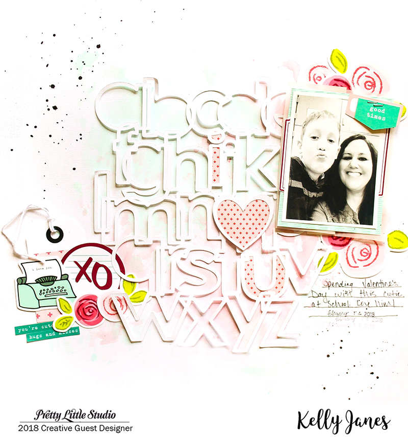 12x12 scrapbook layout using the Pretty Little Studio XOXO Collection & the Little Letters Cut File from The Cut Shoppe.