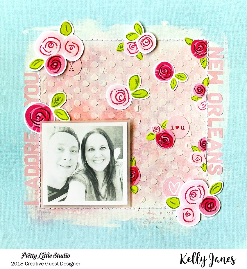 12x12 mixed media scrapbook layout using the Pretty Little Studio XOXO Collection designed by Hello Heather.