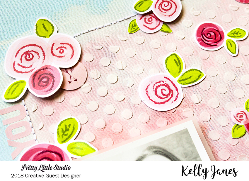 12x12 mixed media scrapbook layout using the Pretty Little Studio XOXO Collection designed by Hello Heather.