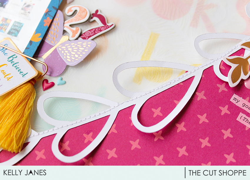 12x12 scrapbook layout for The Cut Shoppe Design Team using the Freebie Friyay With Love Cut File & Pink Paislee Paige Evans Whimsical Collection.