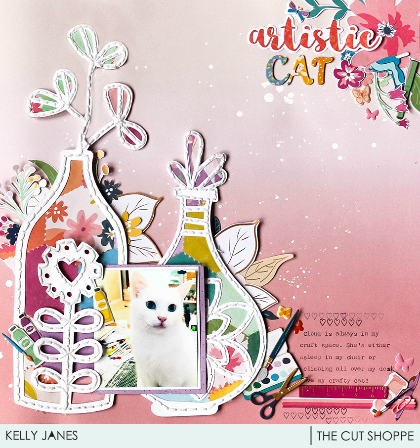12x12 scrapbook layout for The Cut Shoppe Design Team using the Pretty Pottery Cut File & Pink Paislee Paige Evans Whimsical Collection.