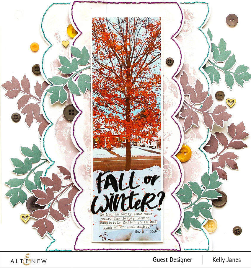 Altenew - 12x12 scrapbook layout using Dot Botanicals Stamp/Die - Kelly Janes