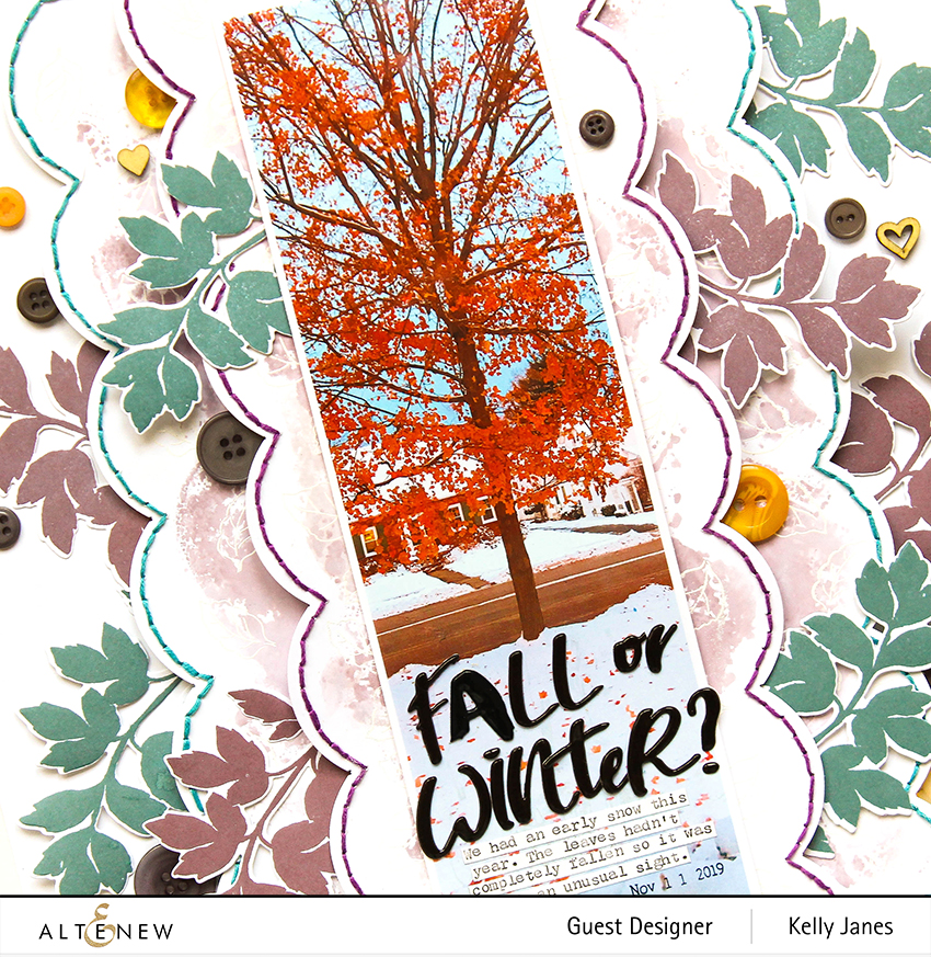 Altenew - 12x12 scrapbook layout using Dot Botanicals Stamp/Die - Kelly Janes